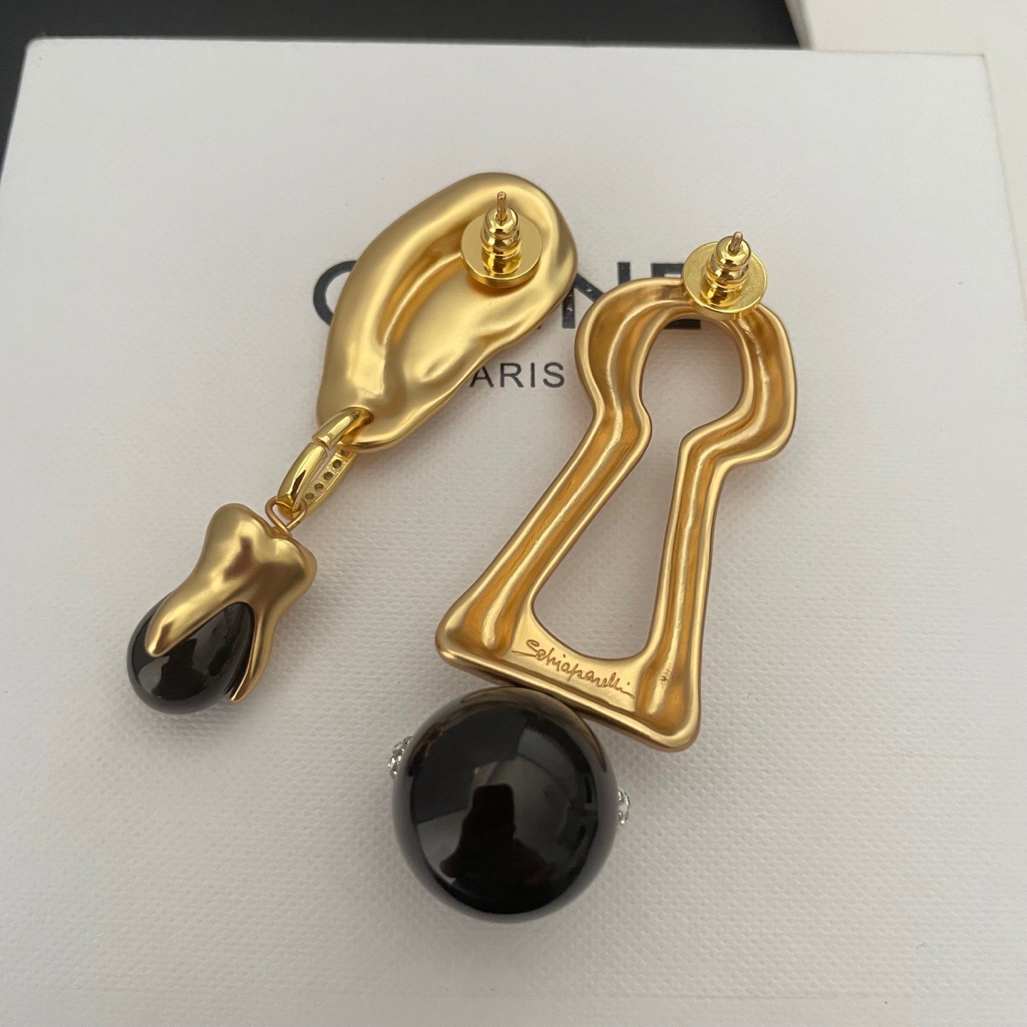 Schiaparelli Asymmetrical Ear Lock Tooth Black Onyx Drop Earrings