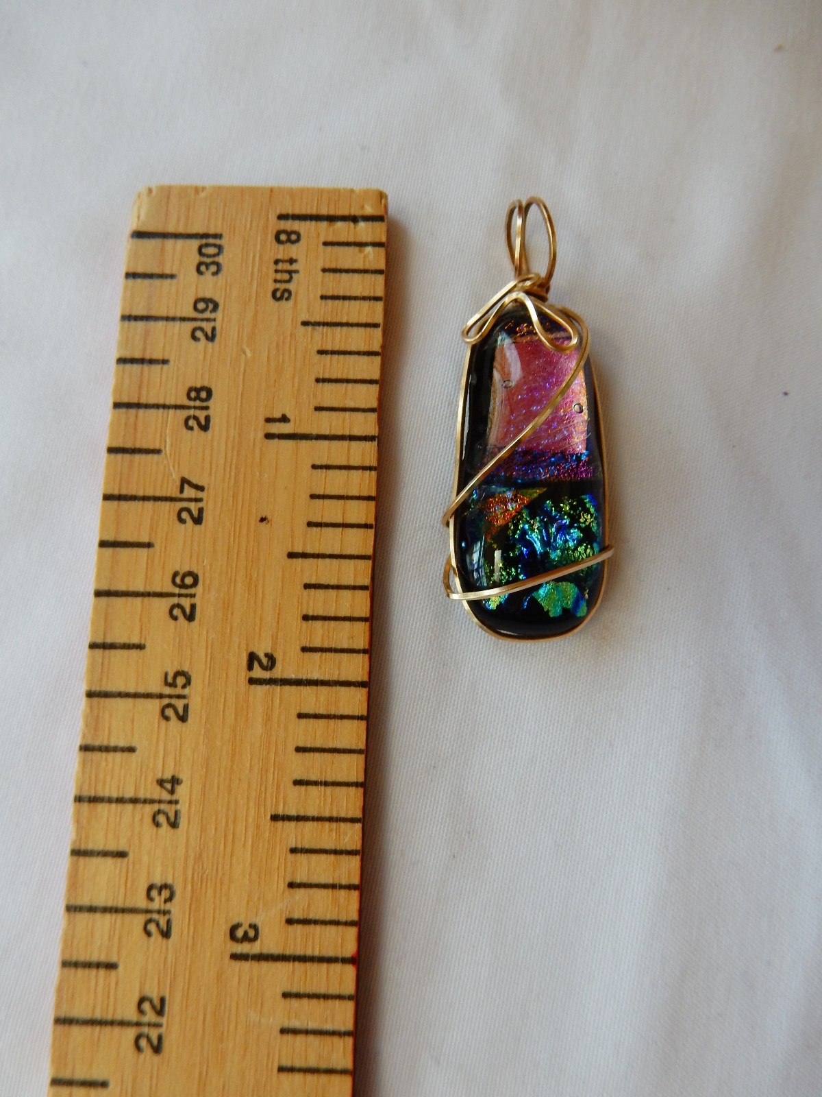 Handmade Wire Wrapped Dichroic Glass Pendant, Rose/Blue/Green