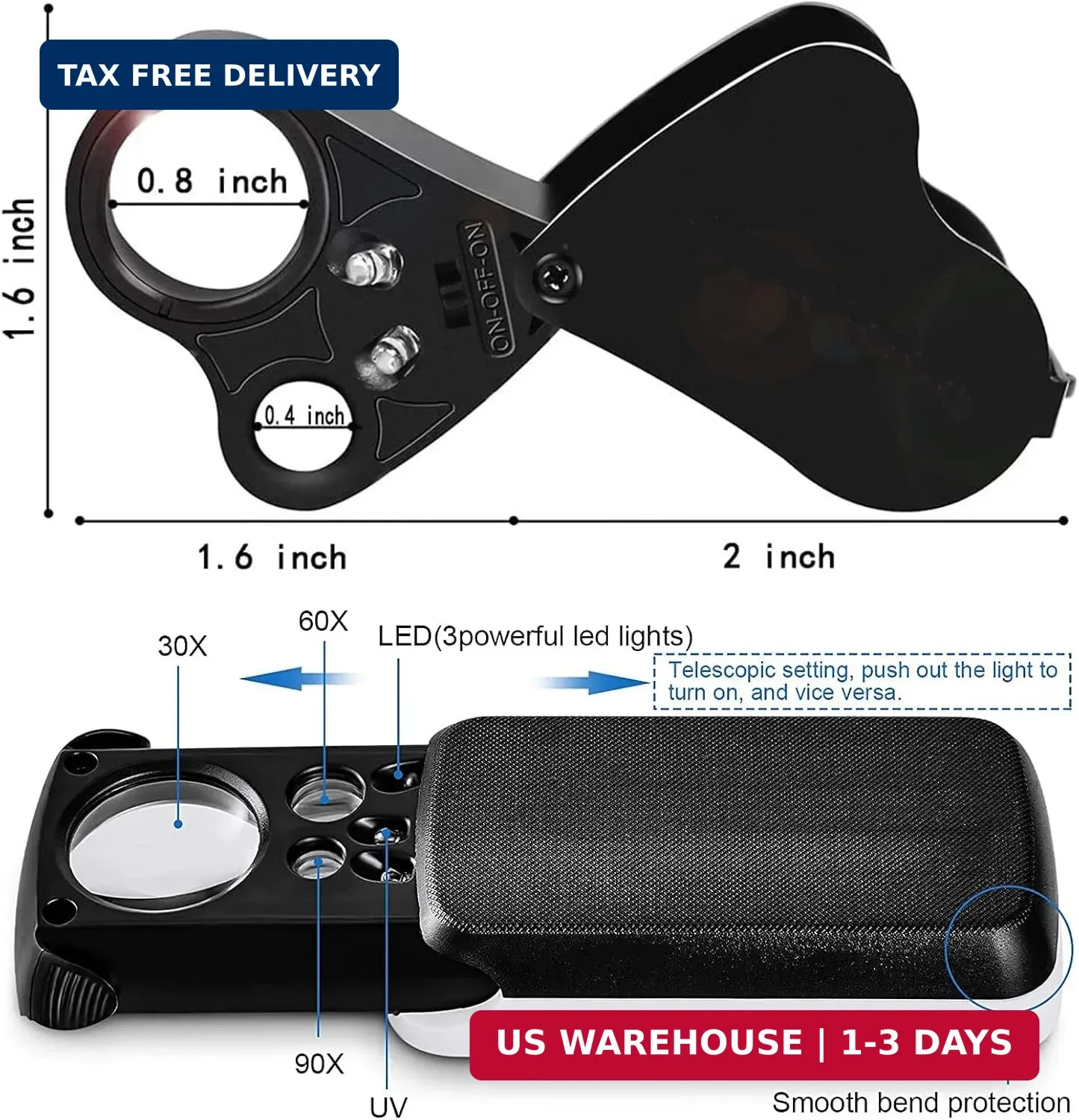 Jewelers Loupe, 2 Pack Magnifying Glass with Light, 30X 60X 90X Jewelers Loop Ma