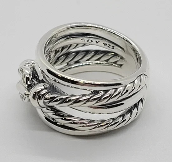 David Yurman Sterling Silver and Diamonds Buckle Crossover Ring Size 8
