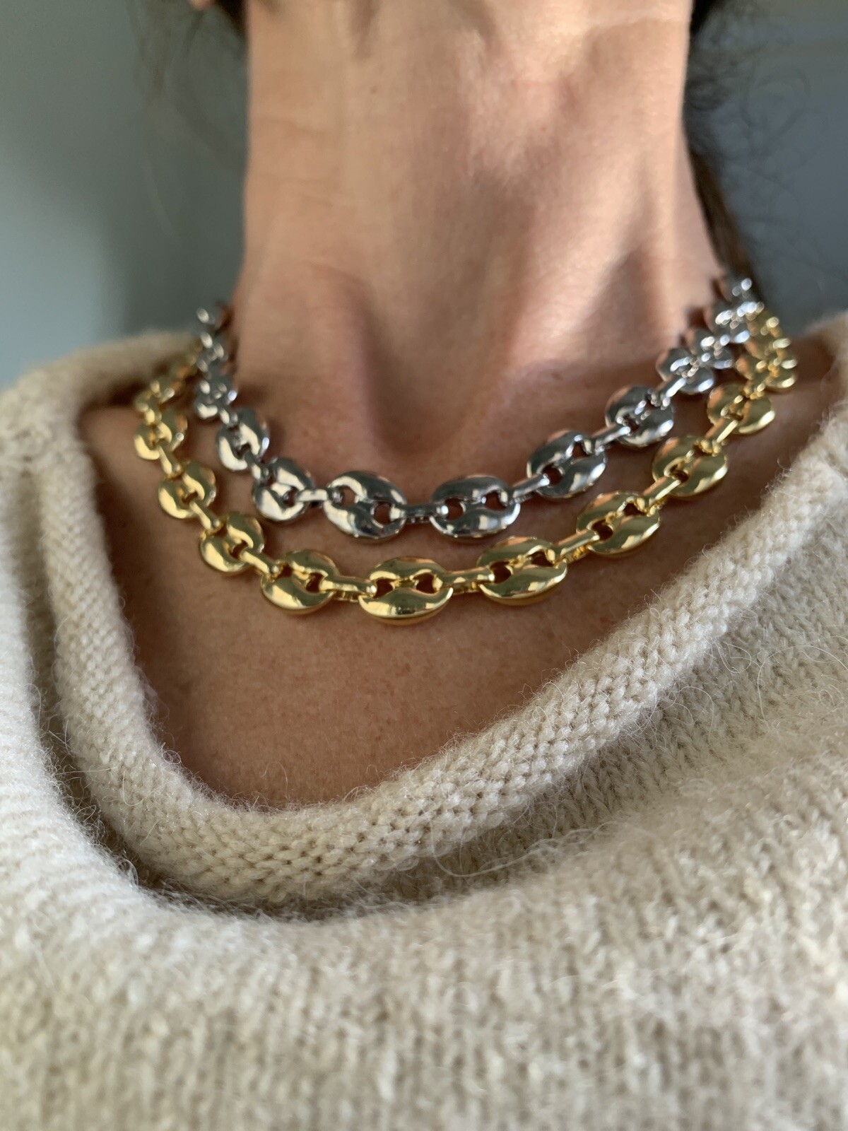 14k White gold Plated Puffy Puffed Anchor Mariner Link Chain Necklace 1cm thick