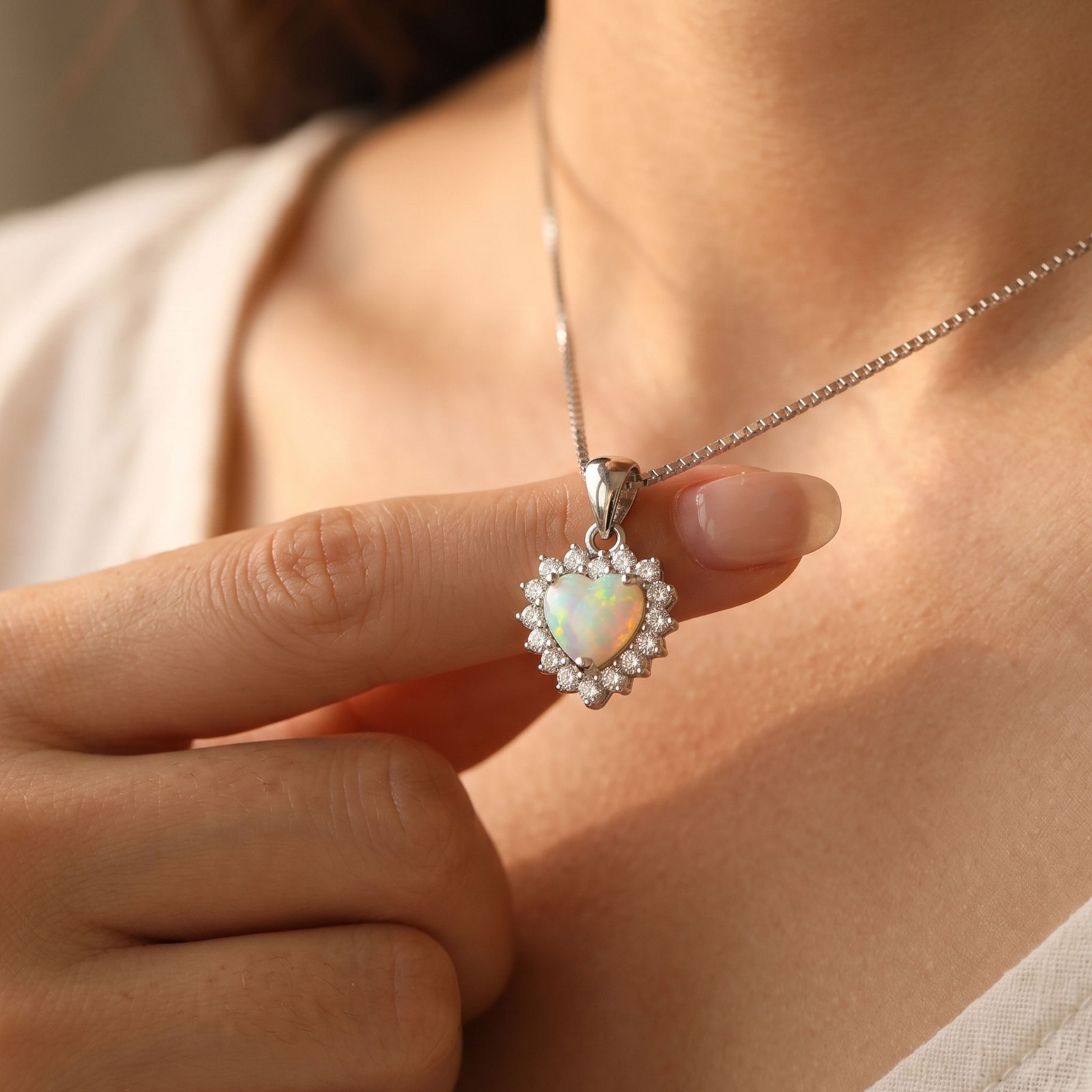 White Fire Opal Crystal Heart Pendant Healing Women Delicate Necklace Gifts