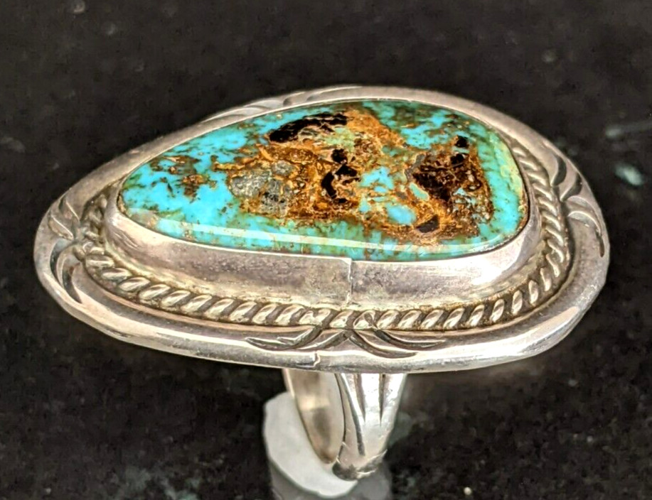 Vintage Native American Turquoise Sterling Silver Ring S-9 25x15mm 12gr No Mark