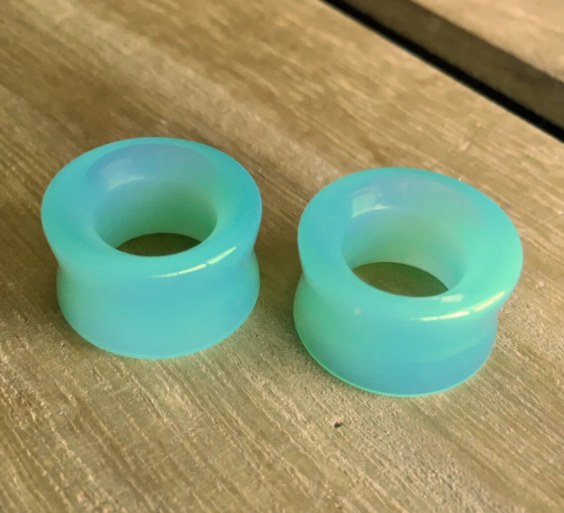 PAIR Green Opalite Glass Tunnels Double Flare Saddle Plugs Gauges Body Jewelry