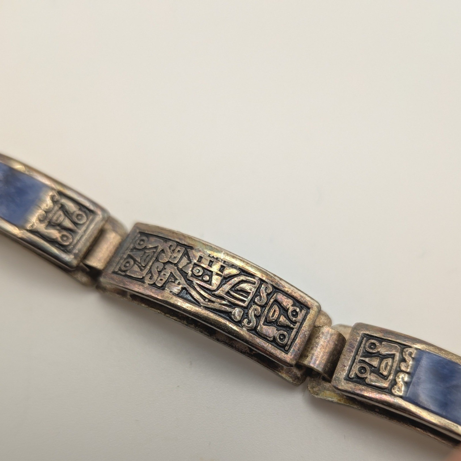 Vintage Peru 950 Silver Sodalite Link Bracelet Pre-Columbian Inca Relief 7 Inch