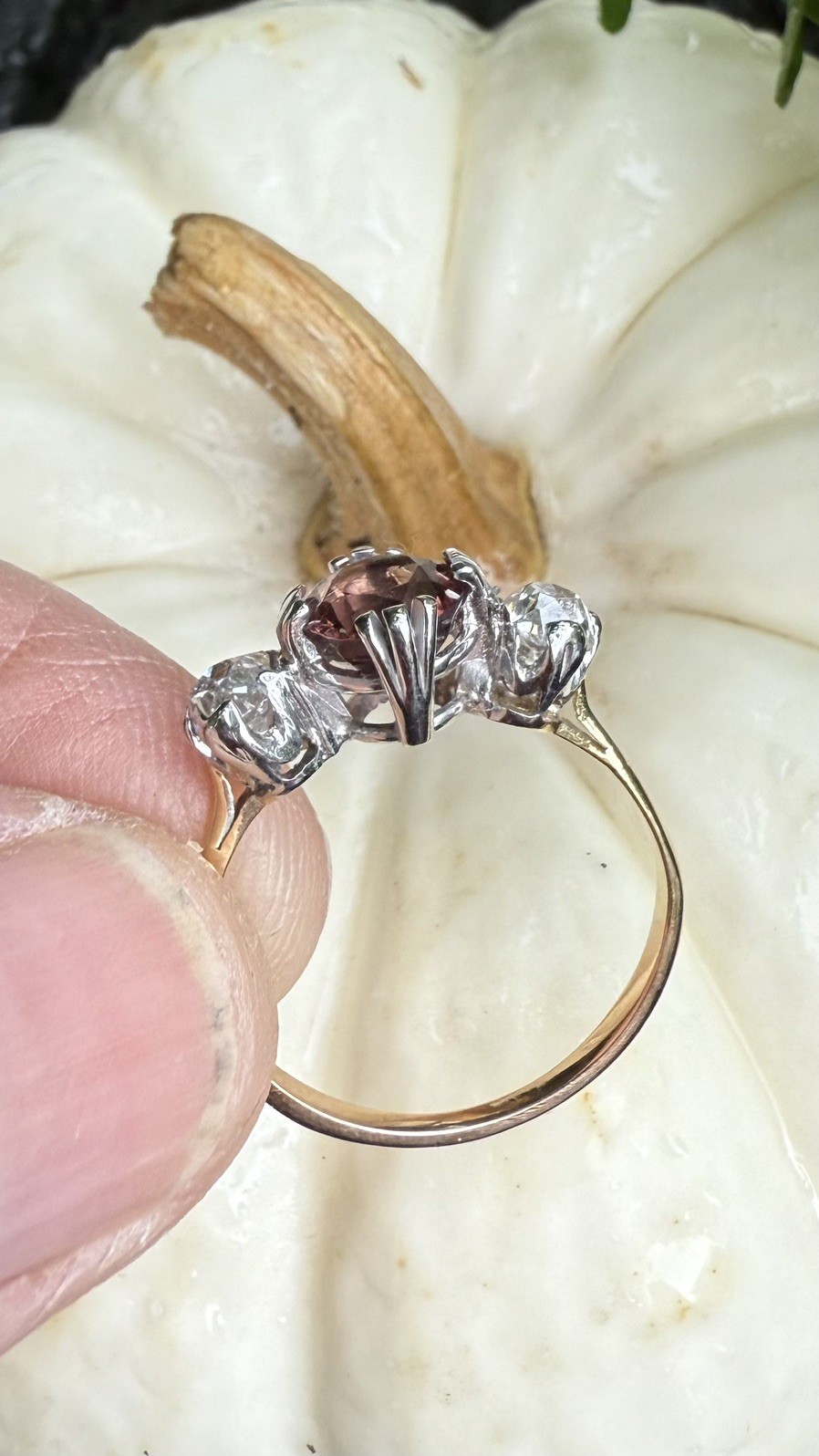 Victorian Trilogy Ring in 18KYellow & White Gold, Spinel 1Ct & 2 (22.5pt) diamon