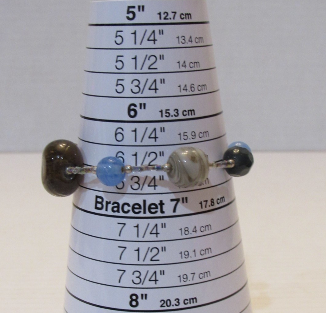 2 Handmade Lampwork Glass Bracelet Brown Blue Swirl Beaded Artisan 6.5in