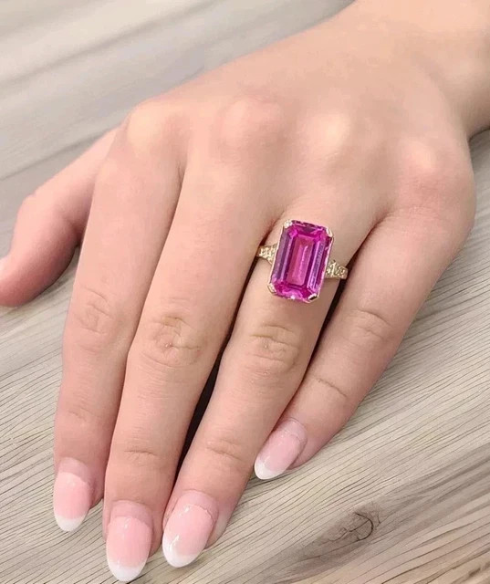 3.50Ct Emerald Cut Lab Created Pink Sapphire Wedding Ring 14K Yellow Gold Plated