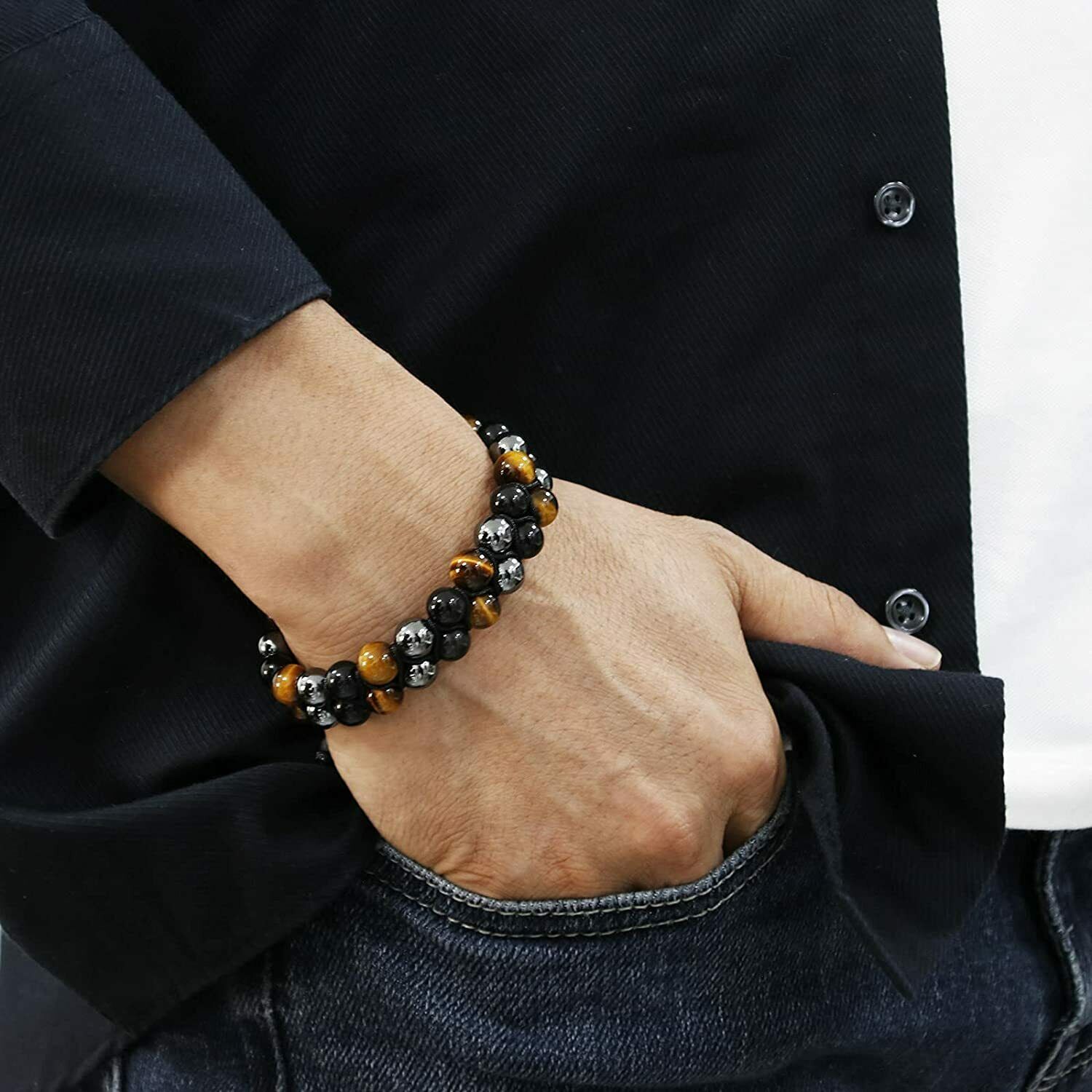 8MM Tiger Eye Set Men Triple Protection Necklace 24” Hematite Obsidian Bracelet