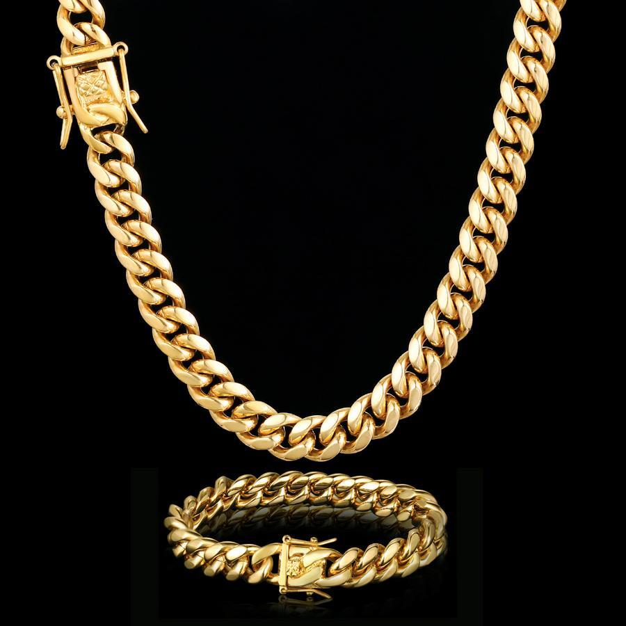 Miami Cuban Link Bracelet Chain Set 18k Gold Plated Stainless Steel 4mm-14mm