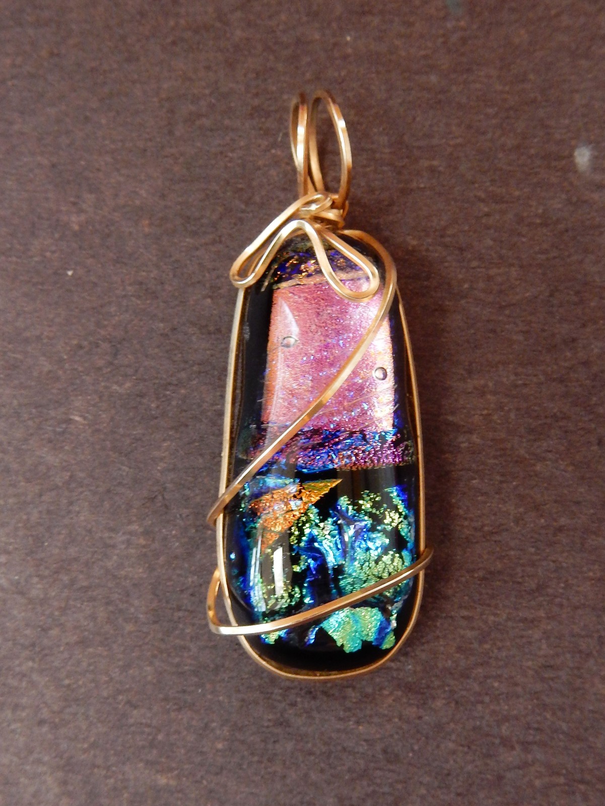 Handmade Wire Wrapped Dichroic Glass Pendant, Rose/Blue/Green
