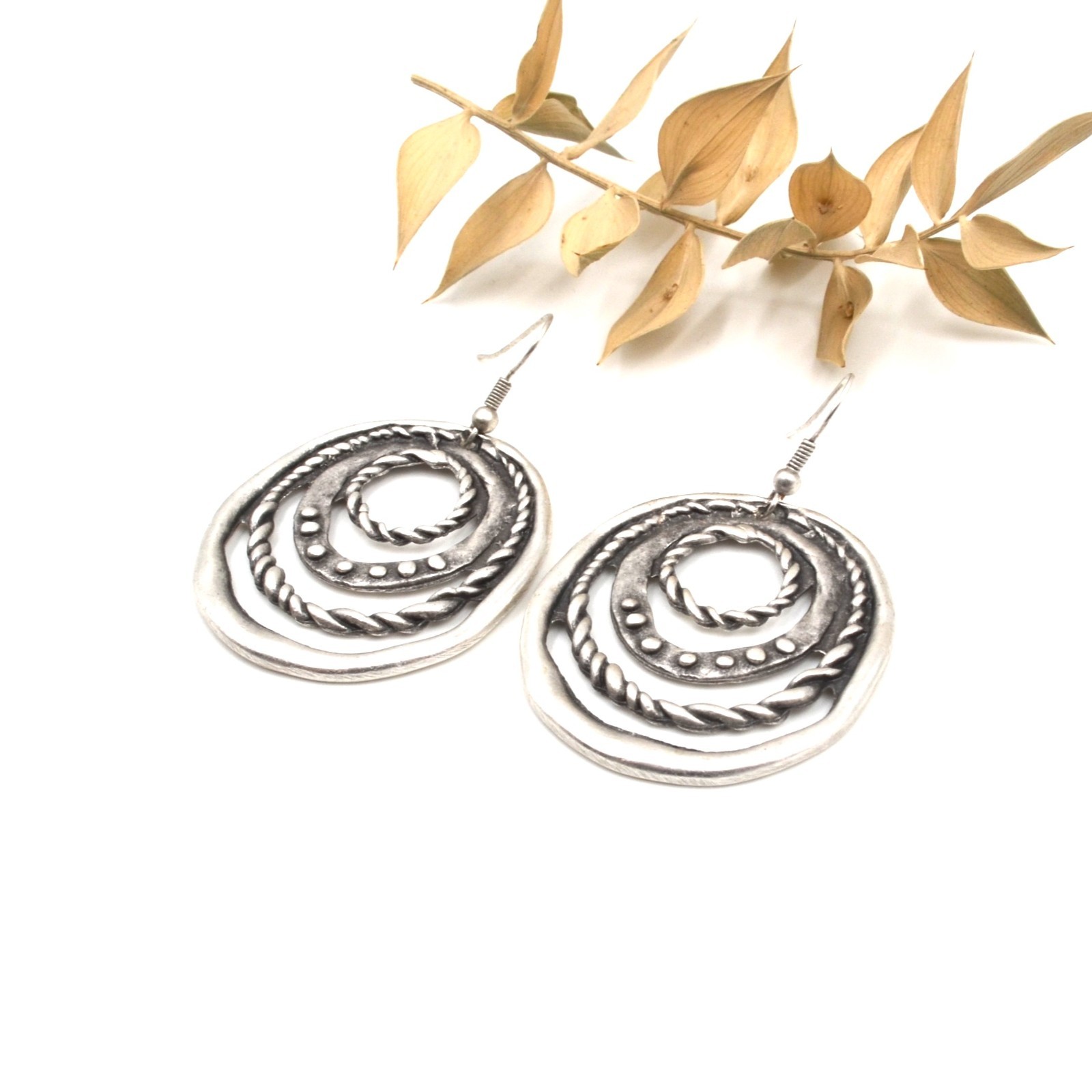 Ancient Silver Labyrinth Hoop Dangle Earrings Boho Tribal Concentric Circles