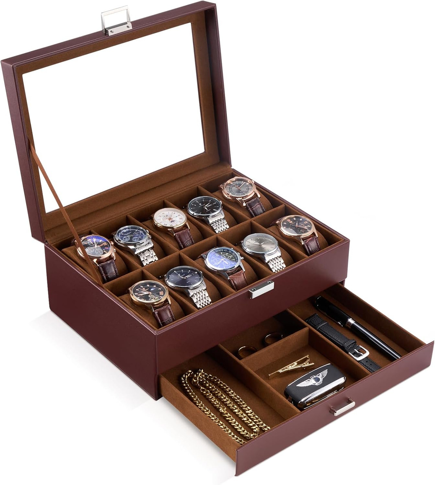 Watch Box with Glass Lid, Espresso, 10 Slots, 2-Layer Jewelry Organizer, Men’s