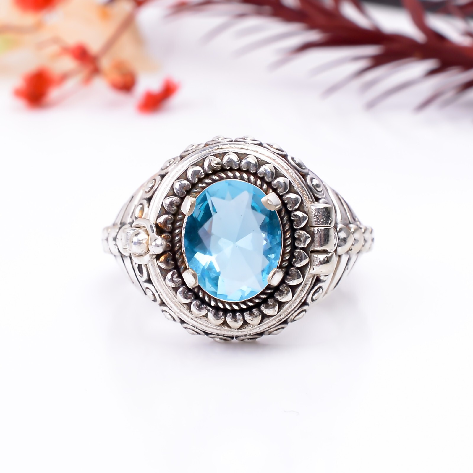 Aquamarine Gemstone Handmade Poison Ring, 925 Silver Aquamarine Poison Gift Ring