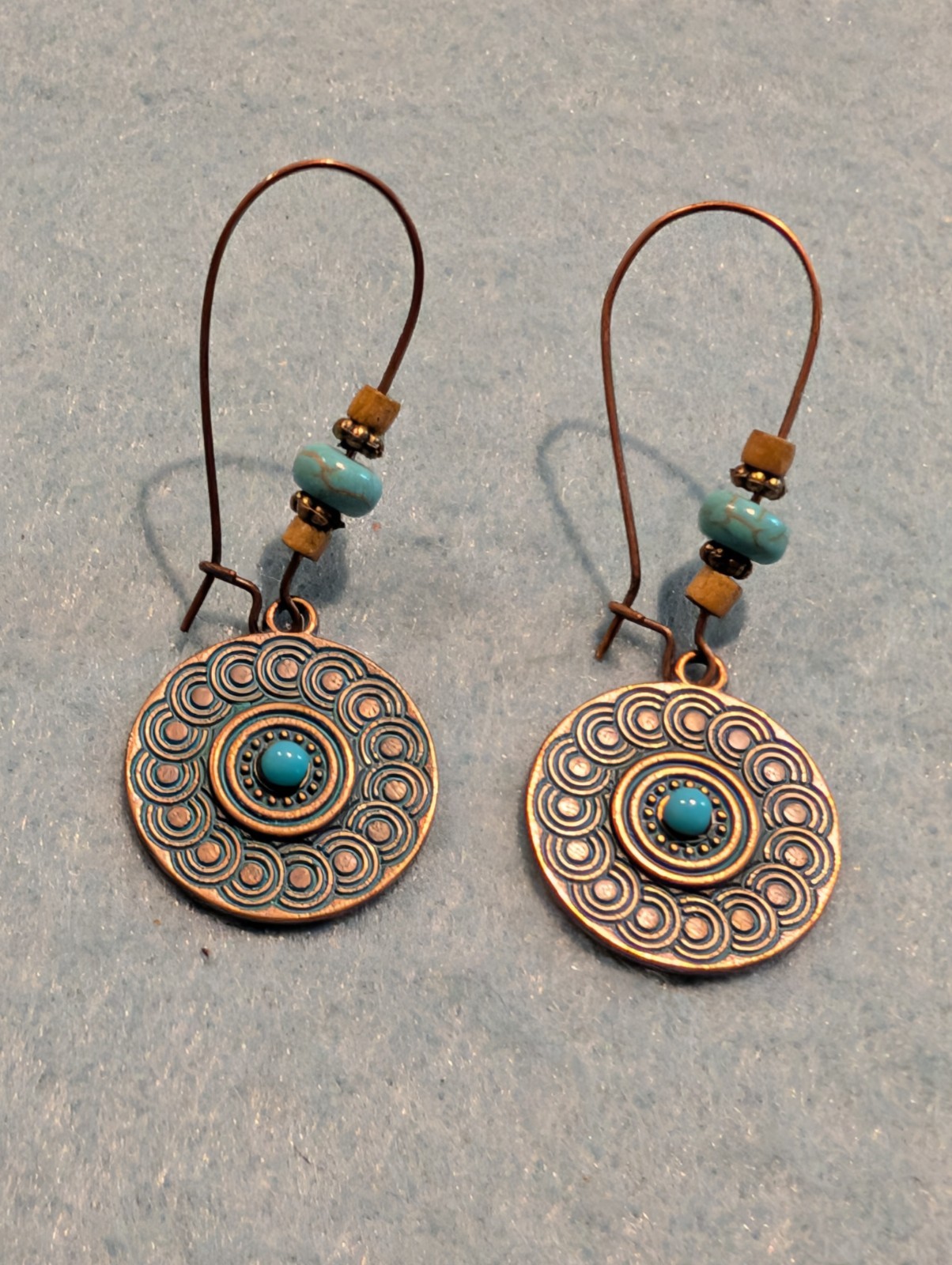 Bohemian Drop Earrings Copper Tone Turquoise Beads