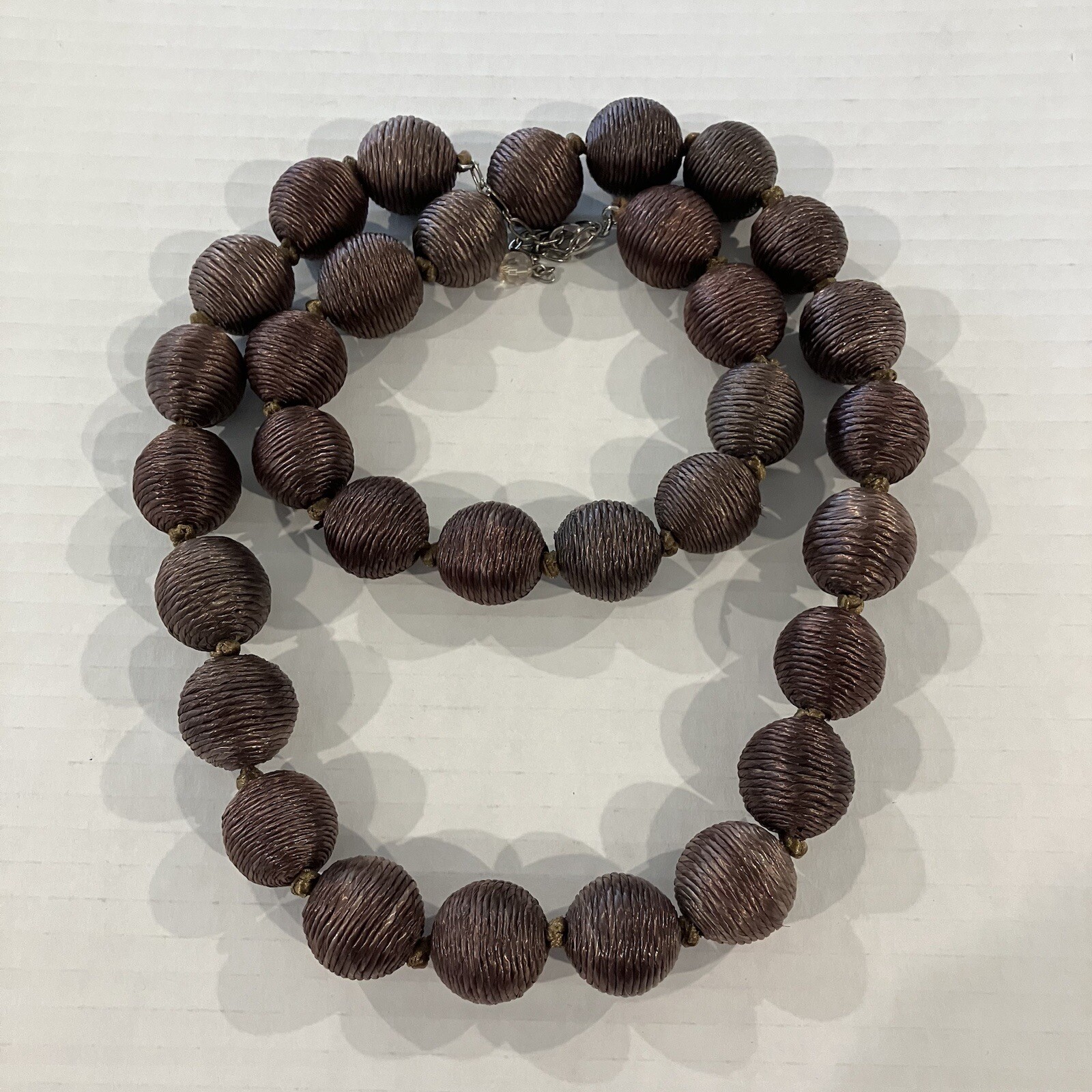 Silk Brown Large Hand Knotted Bead Strand Necklace Adjustable Lobster Claw Clasp
