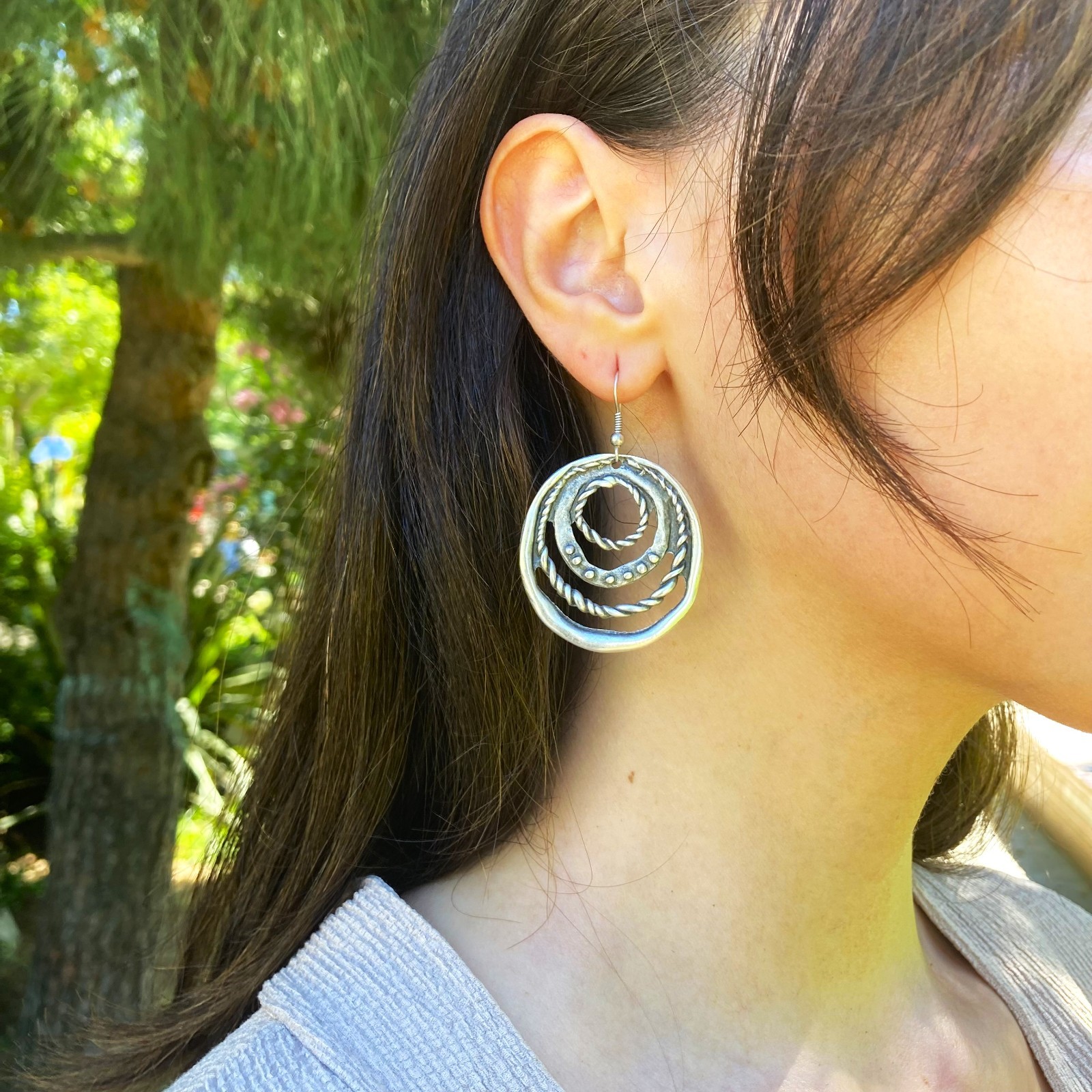 Ancient Silver Labyrinth Hoop Dangle Earrings Boho Tribal Concentric Circles
