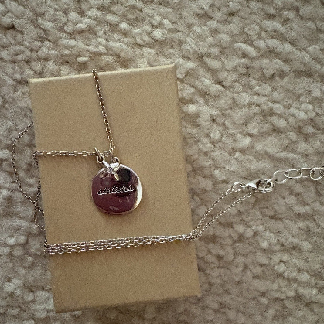 Sisters Silver Tone Round Disc Charm Pendant Necklace Clear Crystal Adjustable