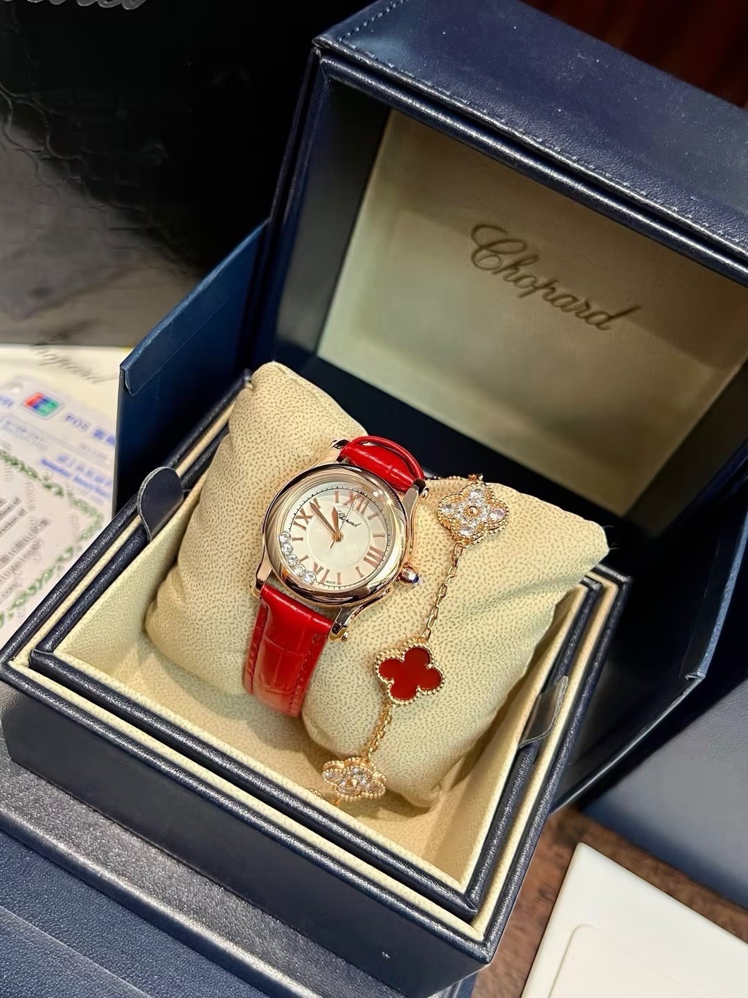 Chopard Happy Sport Quartz 36mm Silver Dial Red Leather Strap Box Papers