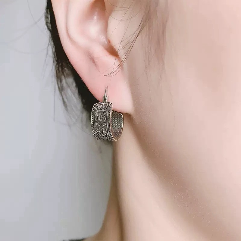 925 Silver Vintage Hoop Earrings Retro Engraved Wide Huggie Hoop Earrings A26