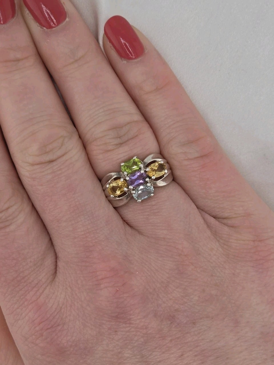 Vintage Sterling Silver 5 Gemstone Cluster Ring Amethyst Peridot Citrine Sz 7.5