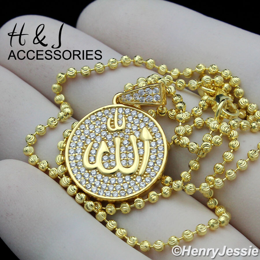 925 STERLING SILVER 18-30″X2MM GOLD PLATED BEADED CHAIN CZ ALLAH PENDANT*GP271