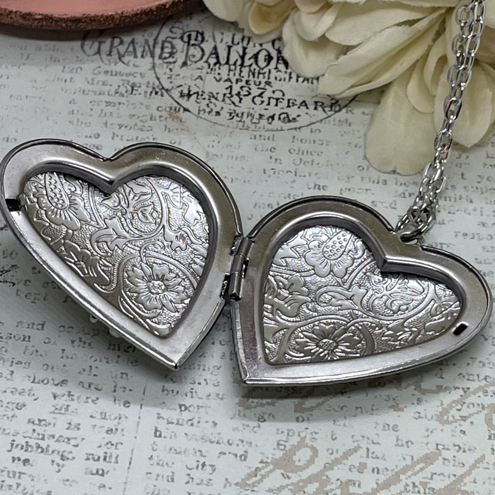Heart Silver Locket Green Rose Gothic Black Necklace Photo Bride bridal wedding