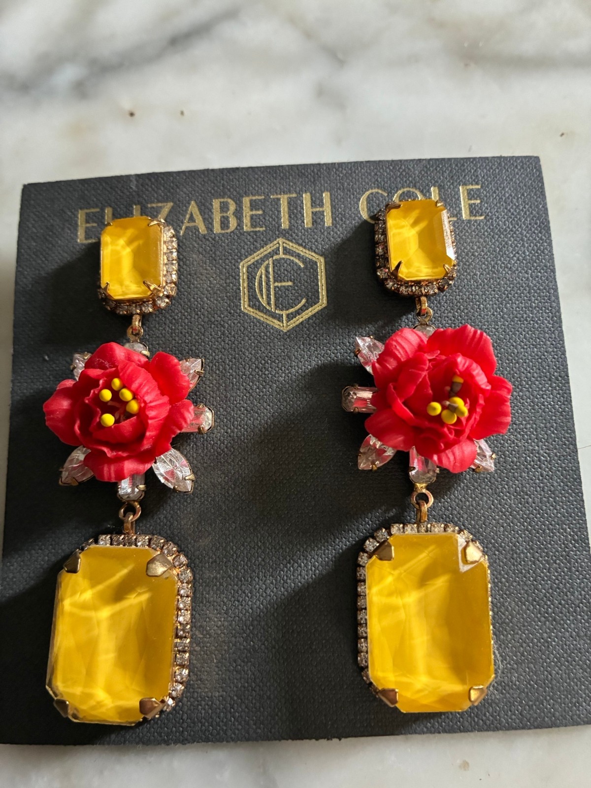 Elizabeth Cole new signed yellow crystal orange flower long earrings