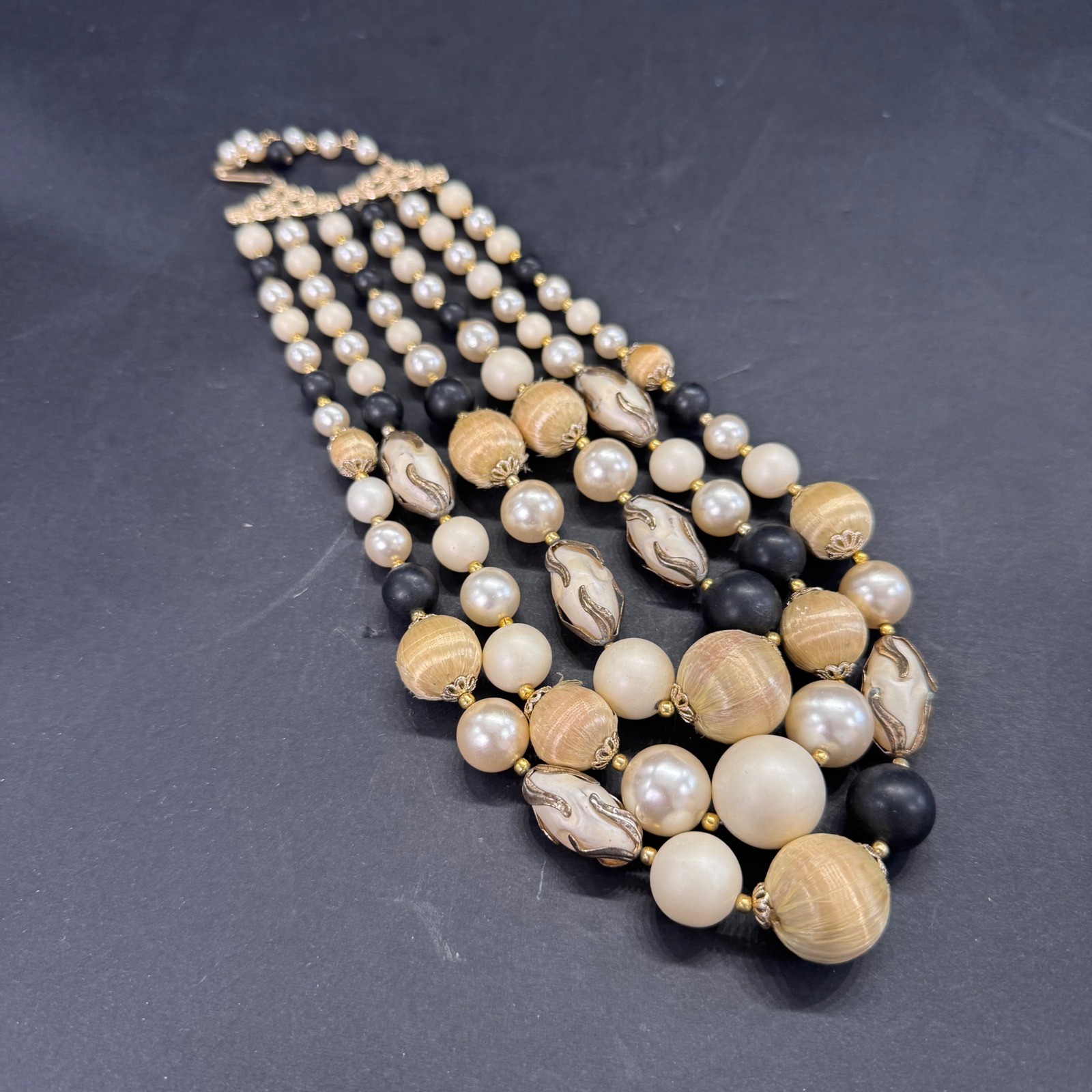 Vintage Japan 3 Strand Faux Pearl Silk Bead Bib Necklace Gold Tone Mid Century