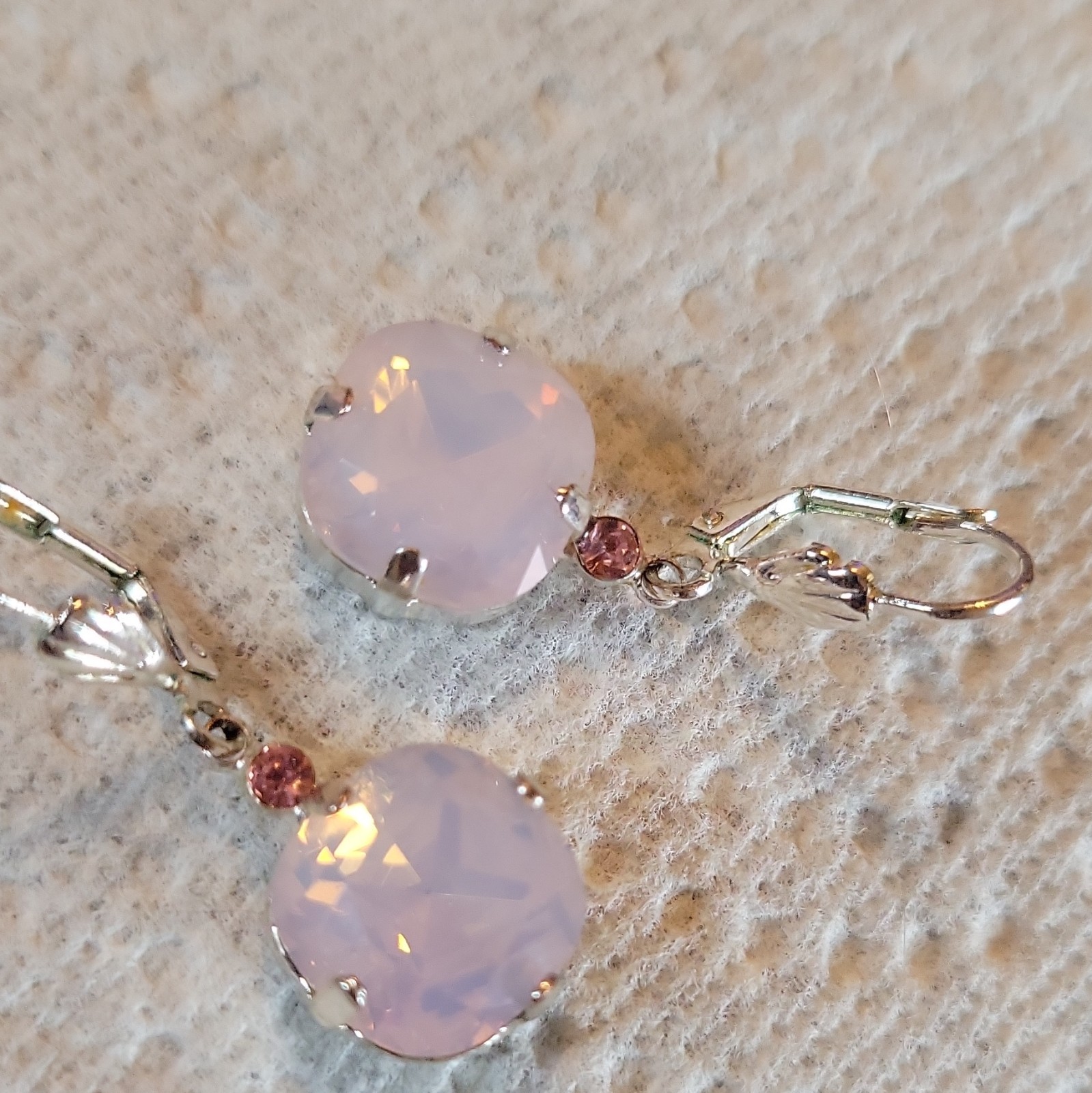 Pink Round Crystal Prong Set Leverback Dangle Drop Earrings Silver Tone