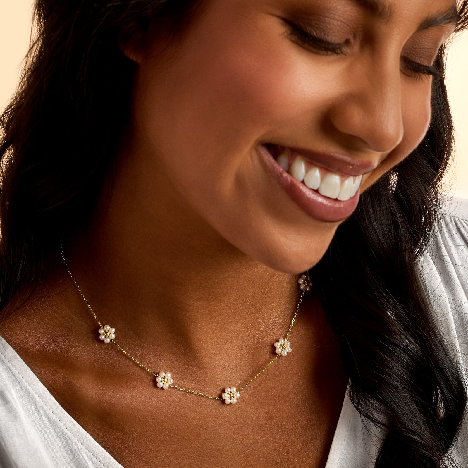 Ross-Simons 3-3.5mm Cultured Pearl Flower Station Necklace in 14kt Yellow Gold