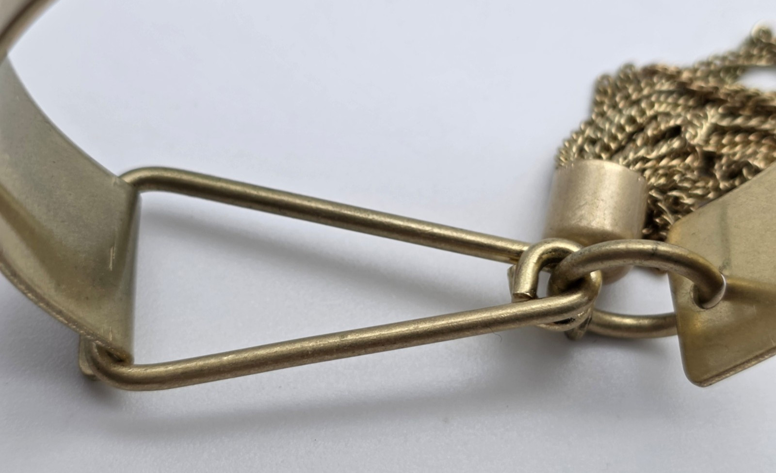 Antique Gold Tone Wide Cuff Bracelet Chain Tassel Pin Latch Boho 6.5 In