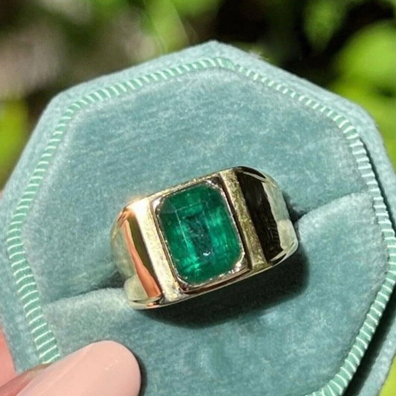 2CT Men’s Certified Natural Emerald Bezel Engagement Ring Solid 14K Yellow Gold