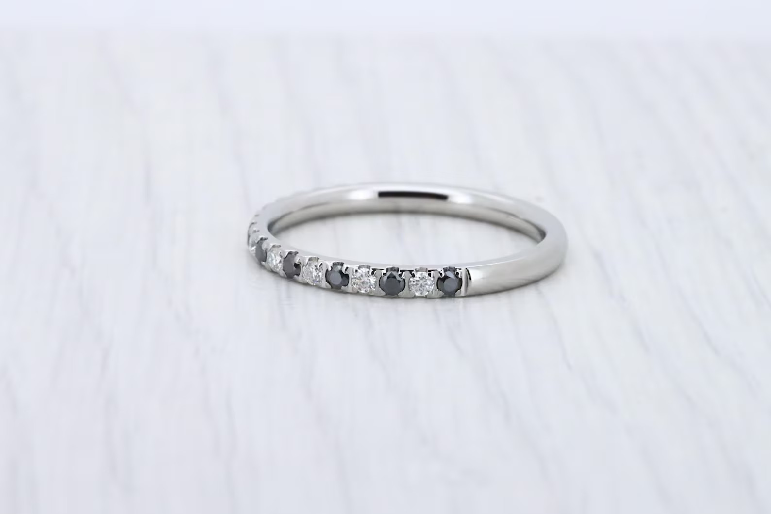 2mm Wide Black & White Moissanite Half Eternity Band Ring 14k White Gold Plated