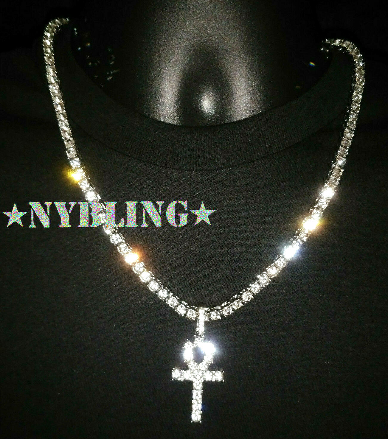 Hip Hop Gold Plated Tennis Chain ANKH Pendant Choker ICED Necklace CZ Jewelry