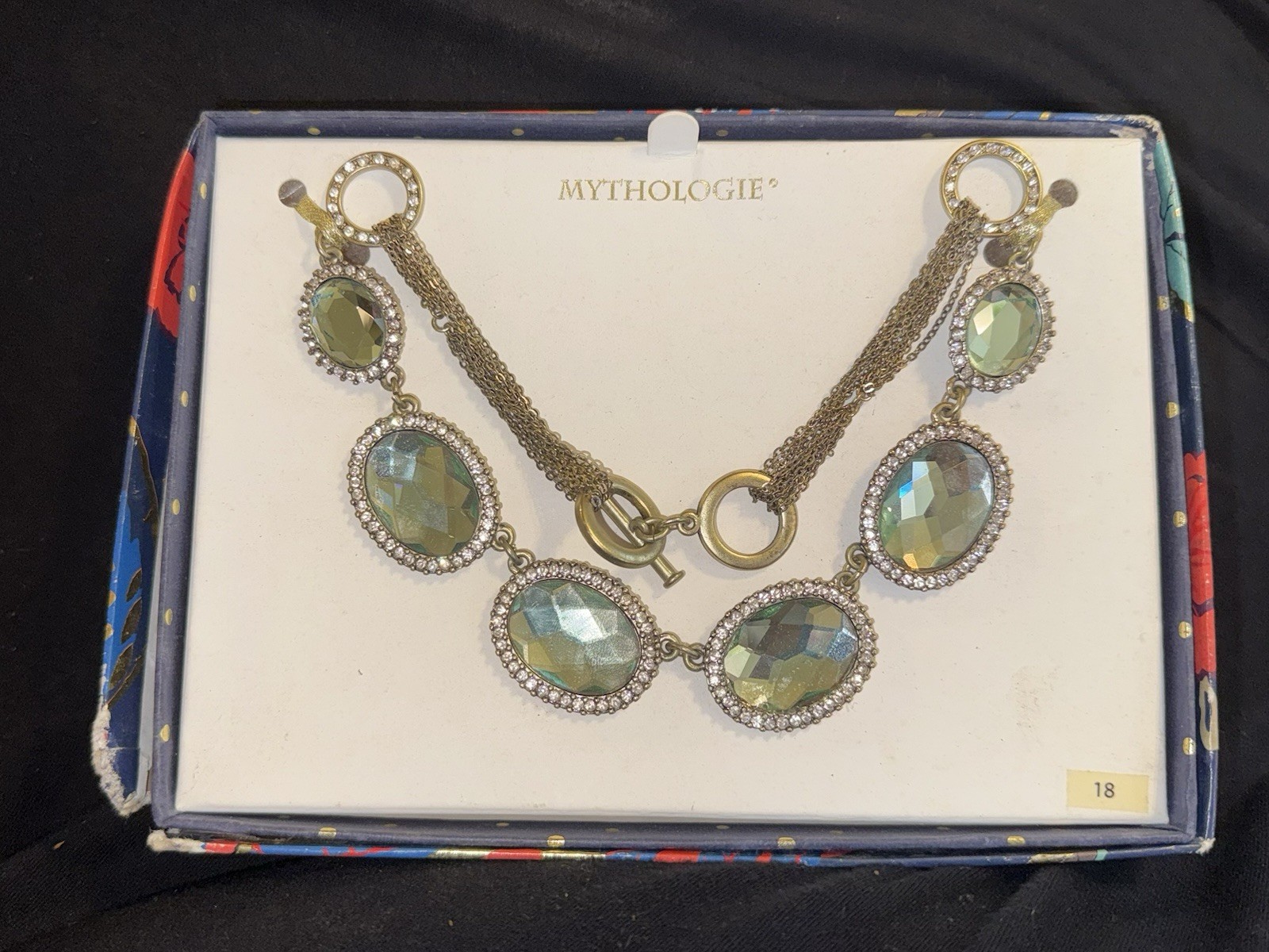 VTG Mythologie Green Faceted Crystal Statement Necklace Rhinestone Halo $98 NIB