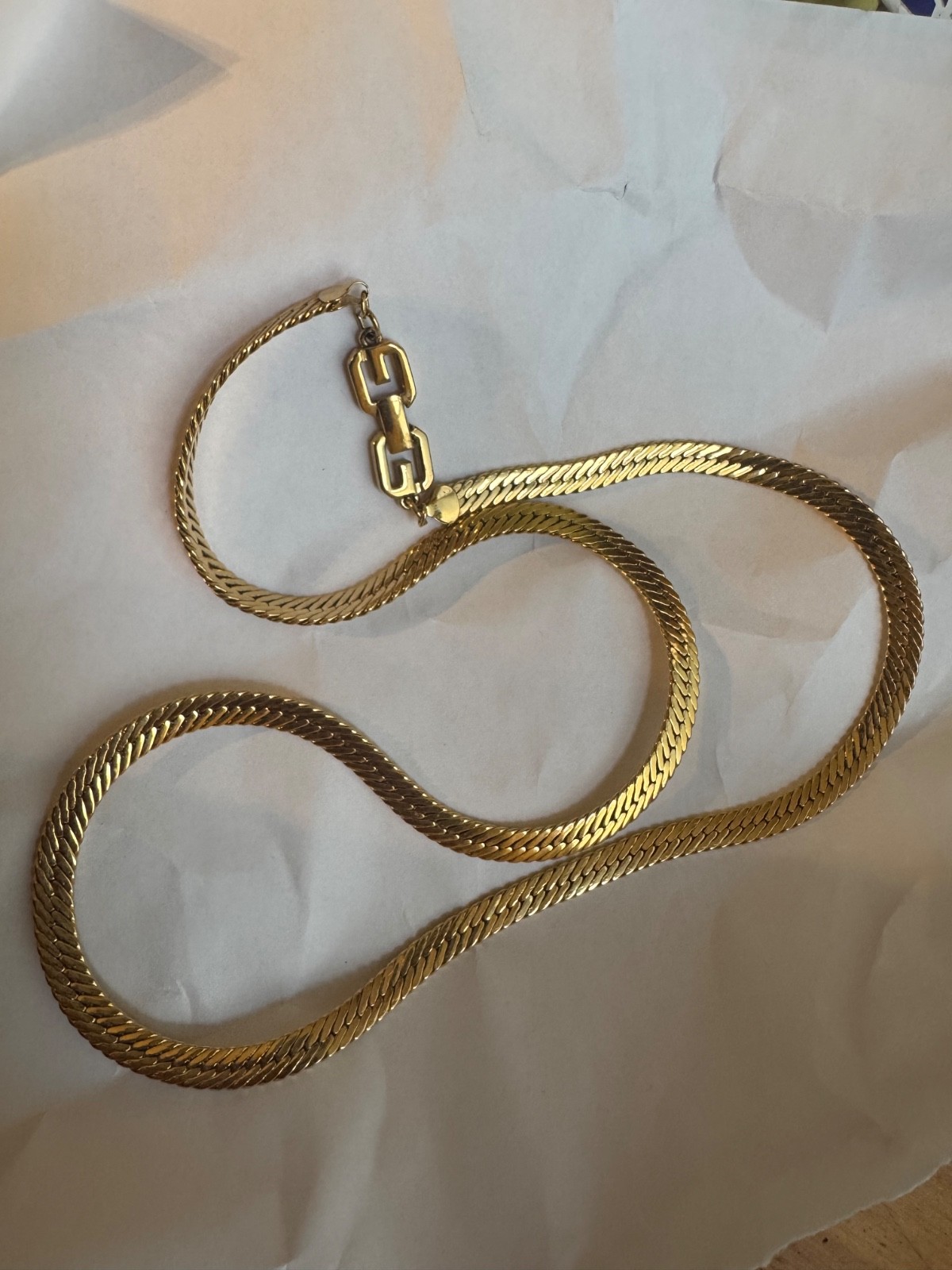 Vintage Givenchy 28” Gold Tone Herringbone Necklace