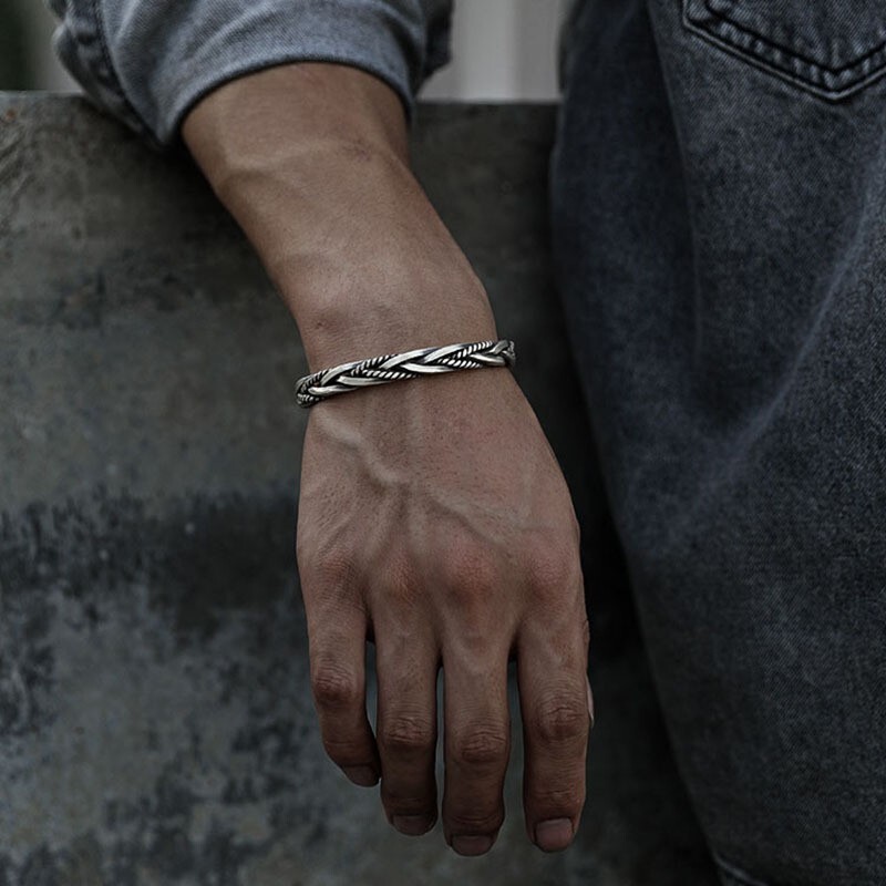 Men’s 925 Sterling Silver Retro Cuff Adjustable Open Bangle Bracelet #B597