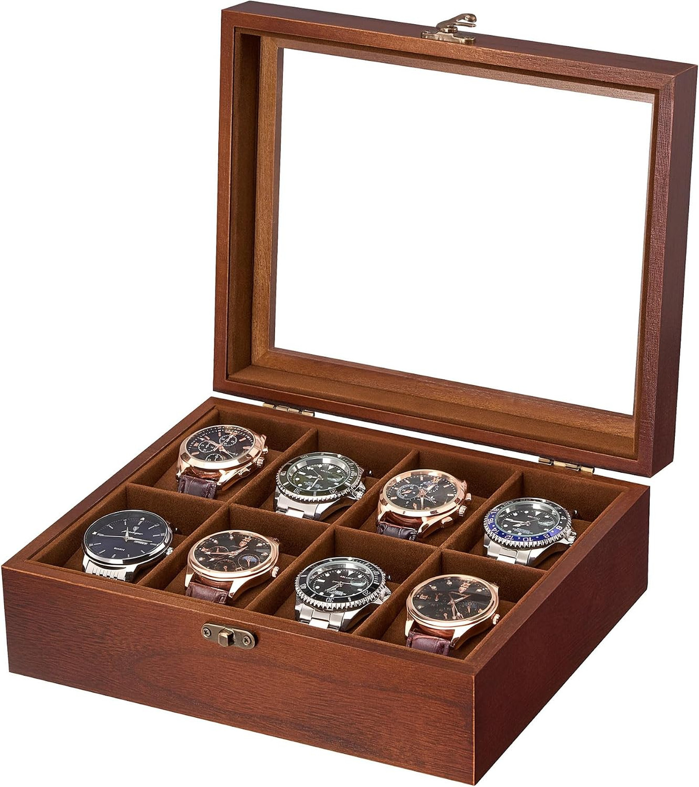 8 Slot Wooden Watch Display Case With Glass Lid Organizer for Men and Women