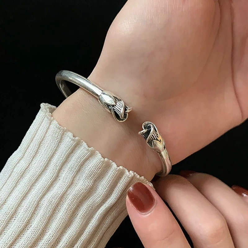 Vintage Flower Retro Rose Cuff Bangle 925 Sterling Silver Women Jewelry Bracelet