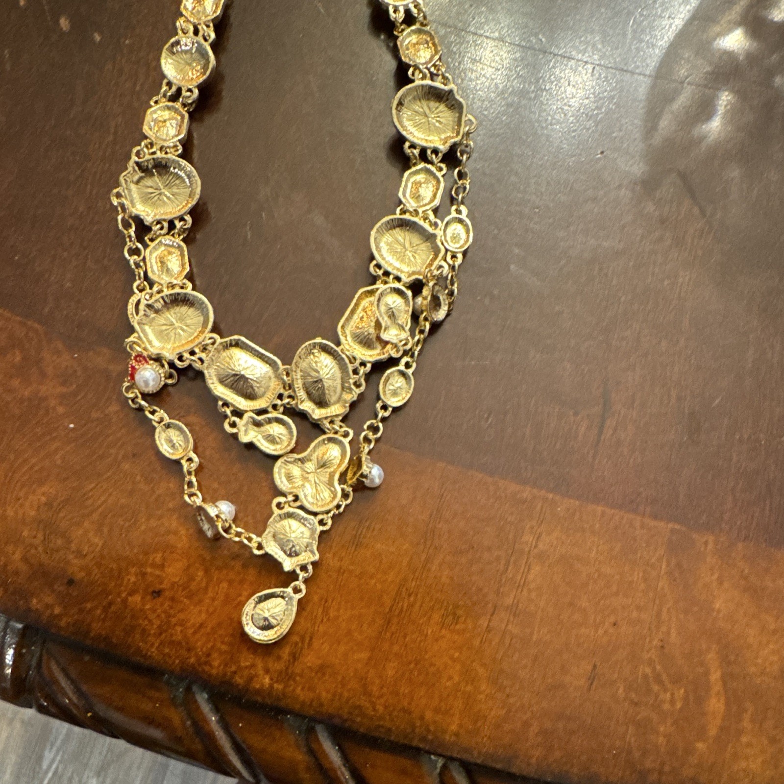 Gold Tone Statement Multi-Strand Necklace Simulated Pearls Crystal Teardrop