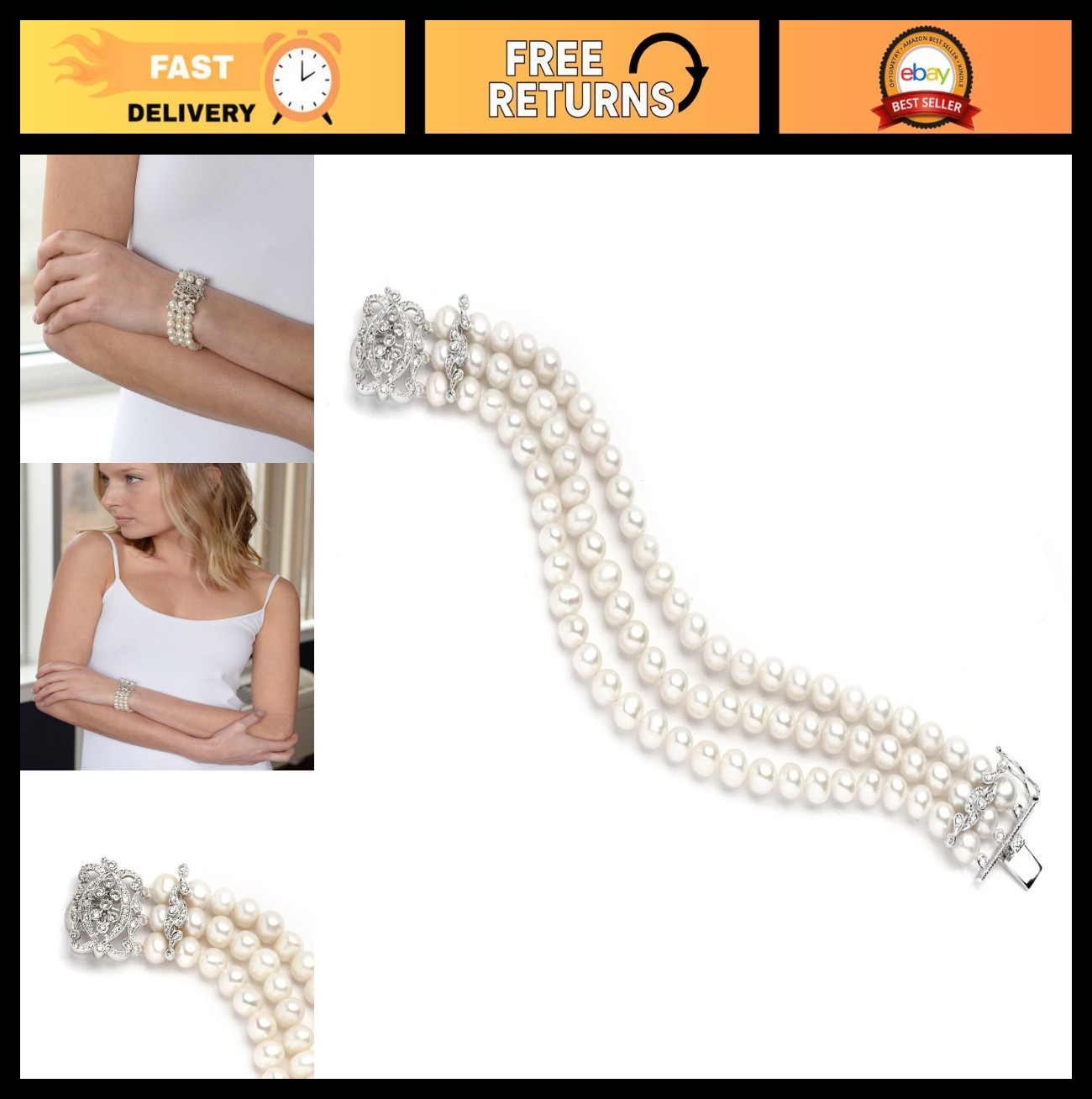 Genuine Freshwater Pearl 3-Strand Bridal Wedding Bracelet, CZ Safety Clasp, Gift