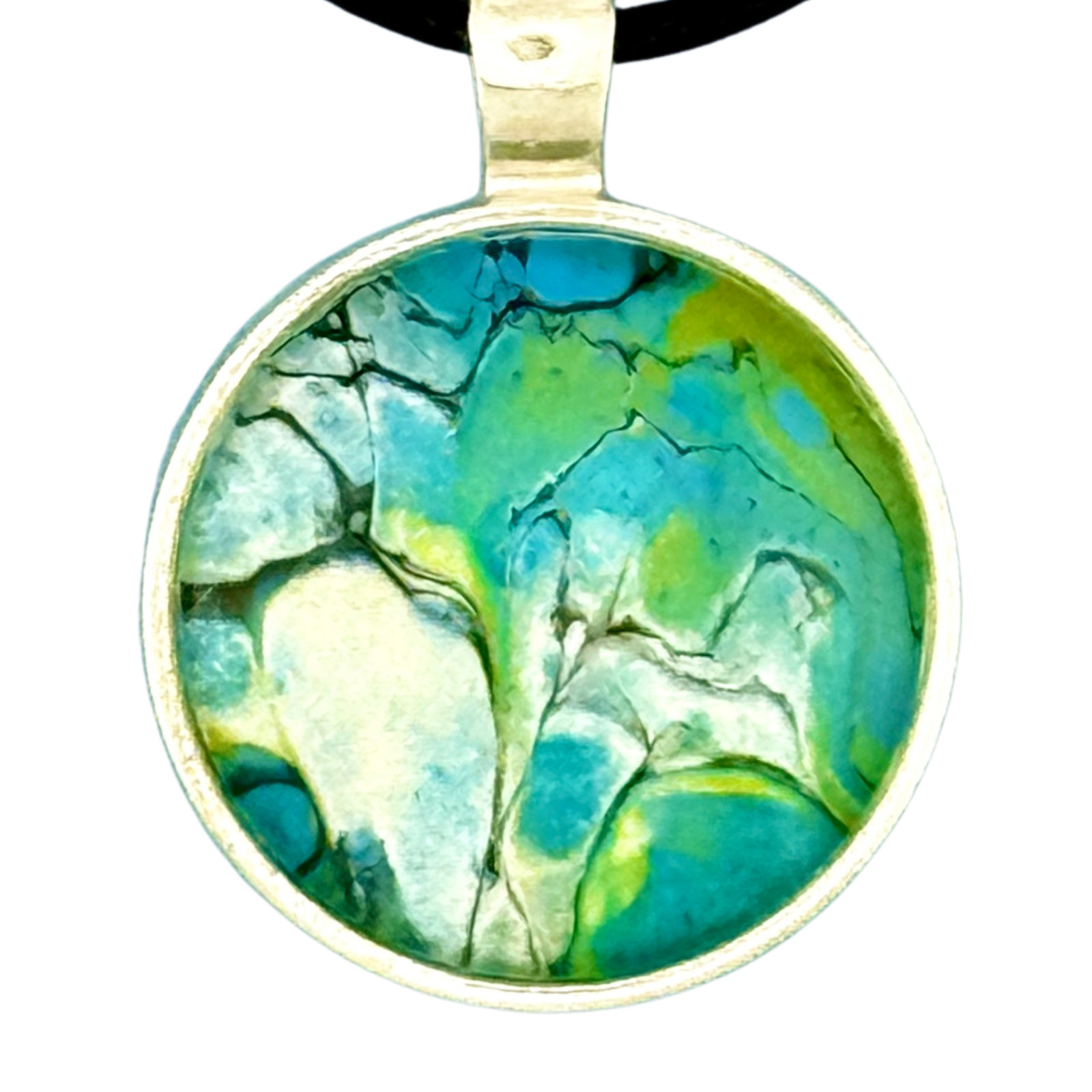 Pendant Necklace Handmade “Burbling Stream” Silver Bezel 25mm Black Cord