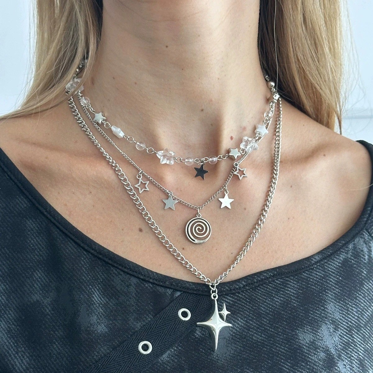 3PCS Punk Silver Star Pendant Layered Chain Necklace Y2K Grunge Unisex