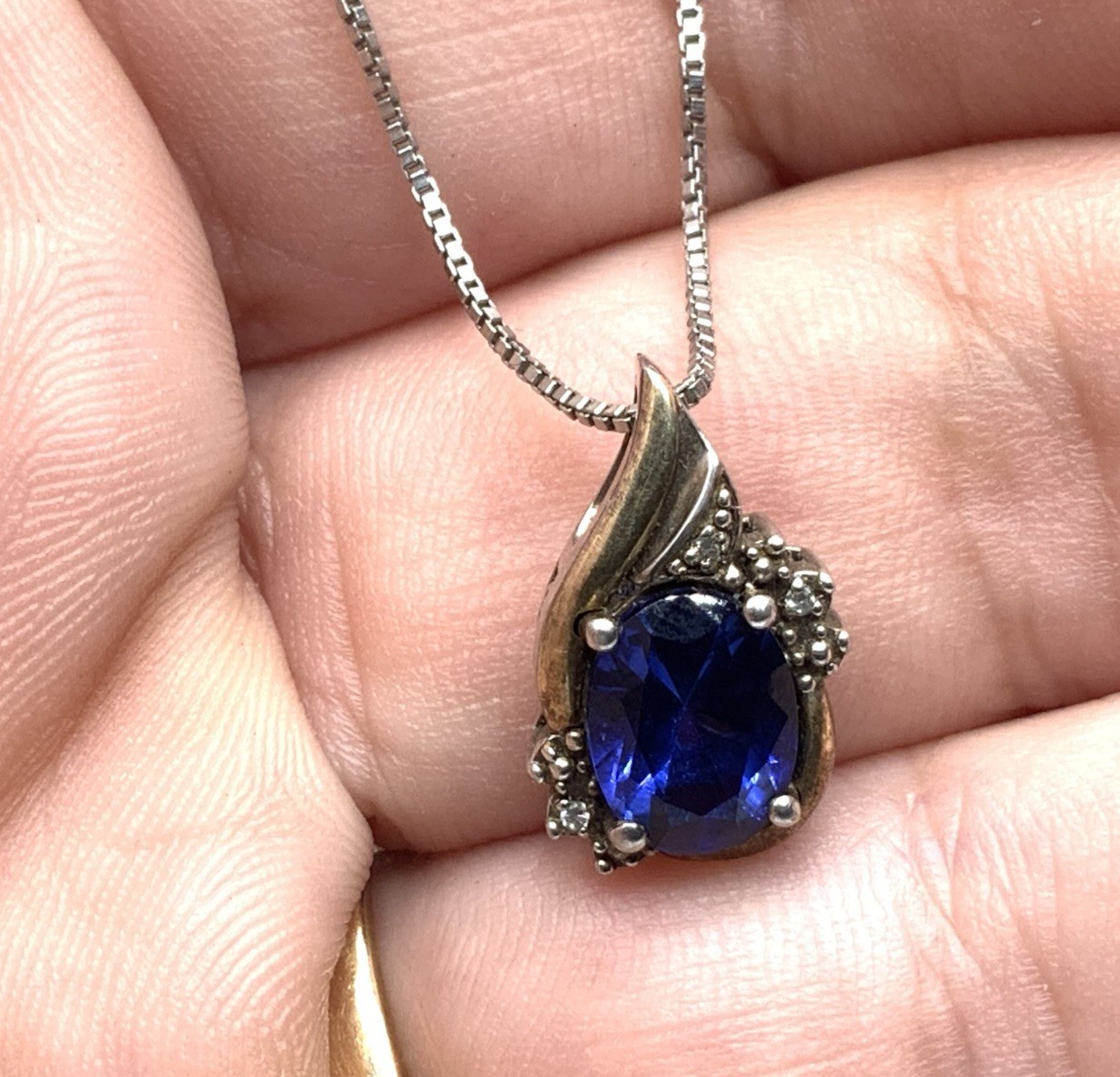 RL 925 Sterling Silver 10k Yellow Gold Blue Sapphire & Diamonds Pendant Necklace