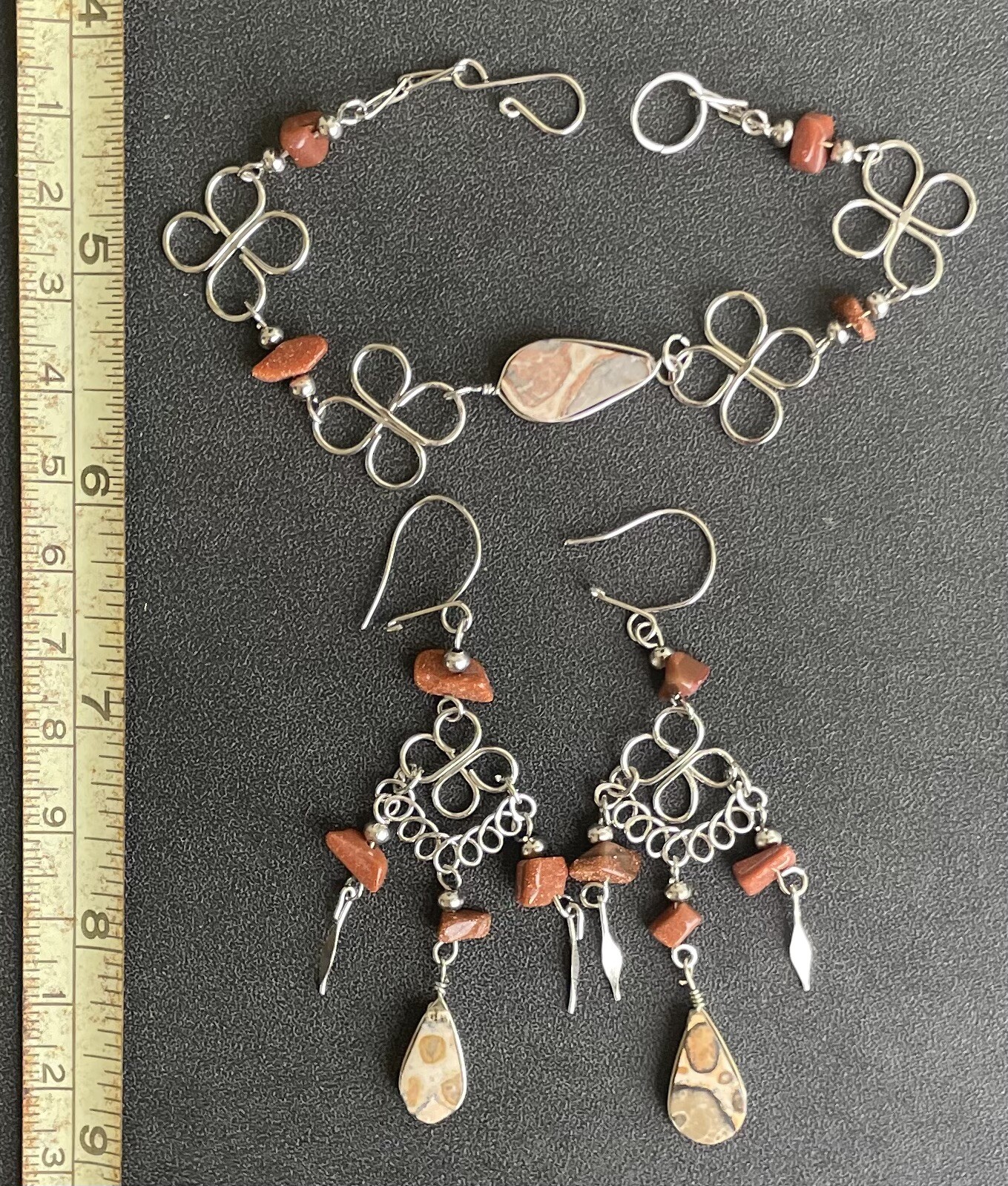 Peruvian LeoparditeSemi-Precious Stone Necklace Long Earrings Bracelet Set Peru