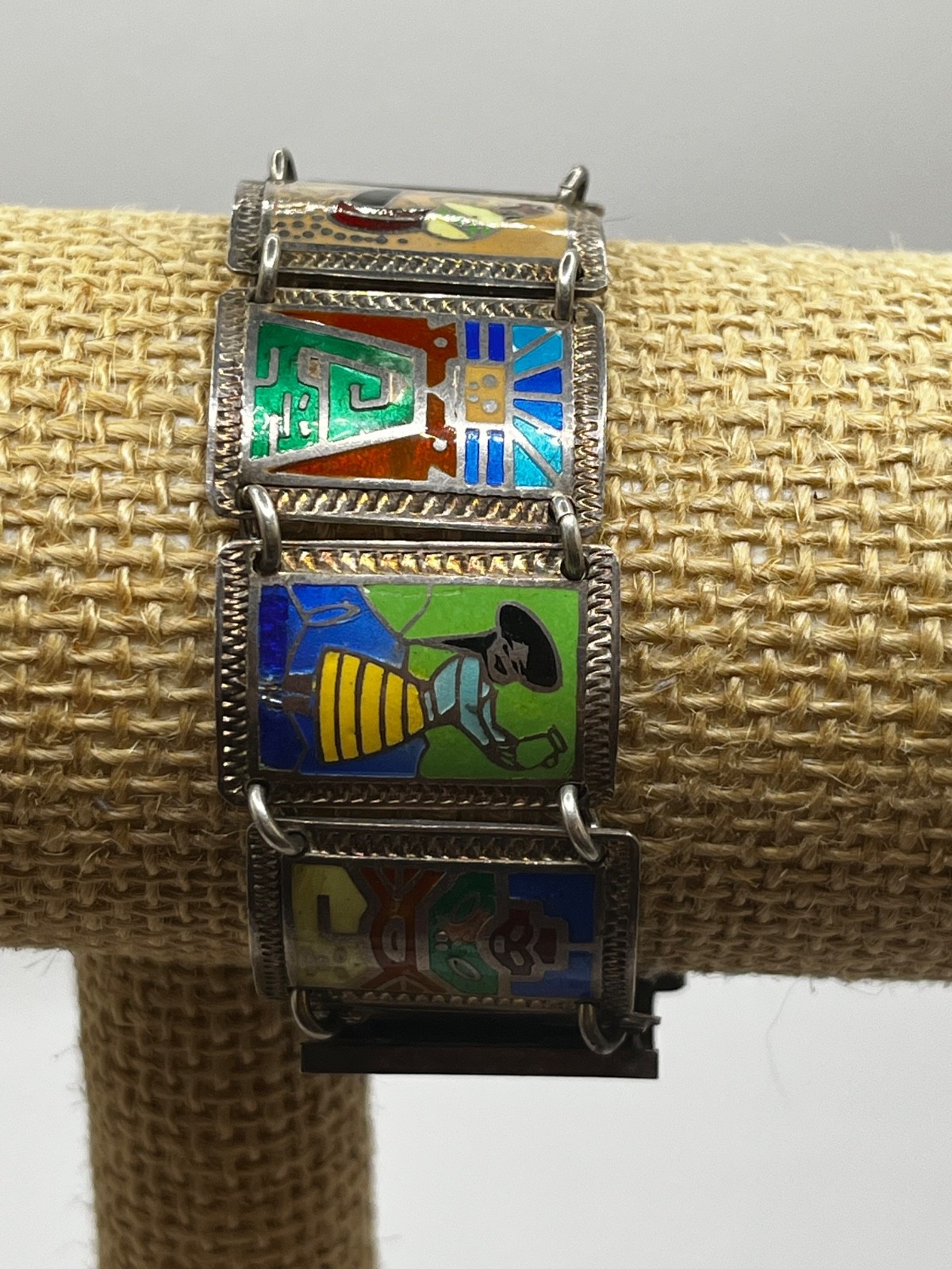Vintage Mid-Century Peruvian 925 Sterling Silver Enamel Link Panel Bracelet 44g