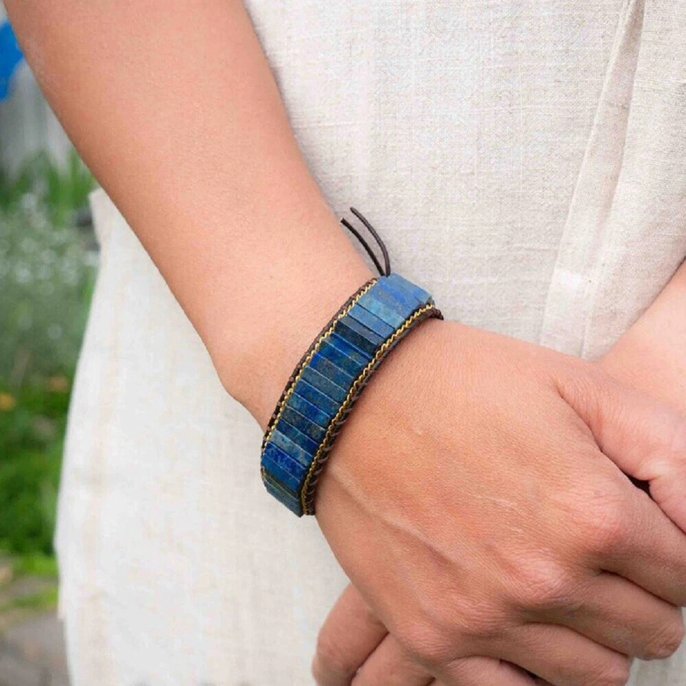 Natural Lapis Lazuli Tube Beads Braided Leather Bracelet Adjustable Unisex Gift