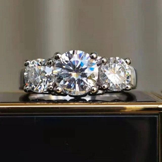 3.50Ct Round Moissanite 3 Stone Engagement Wedding Ring 925 Silver 14K Vermeil