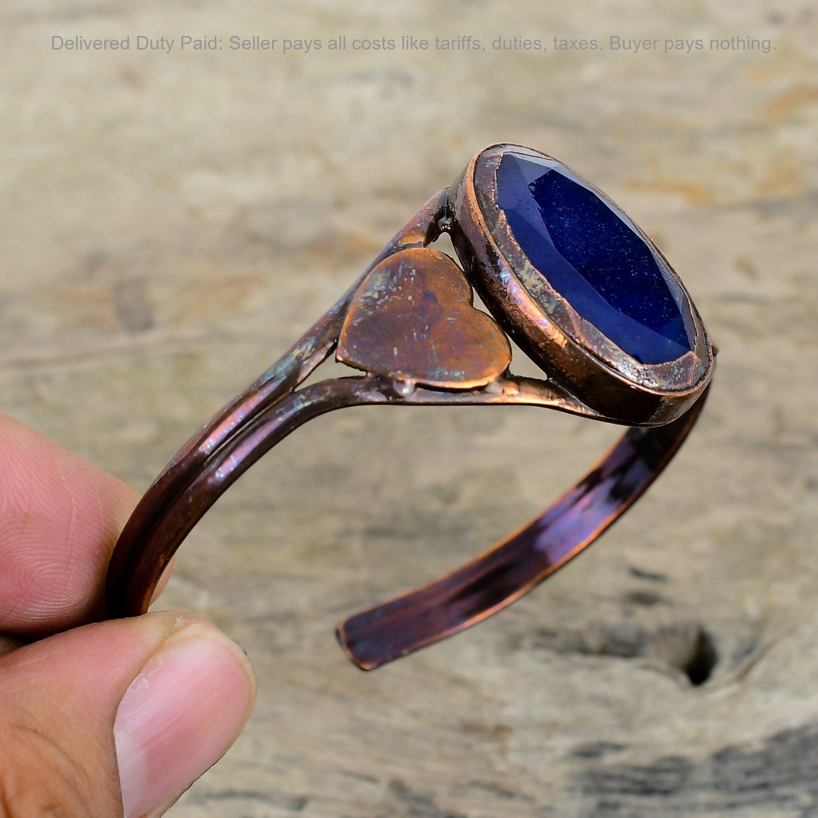 Copper Blue Saphire Gemstone New Electroformed Heart Bezel Mother Bangle Jewelry